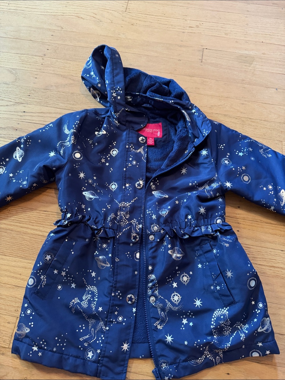 London Fog Girls Navy Space-Print Hooded Raincoat